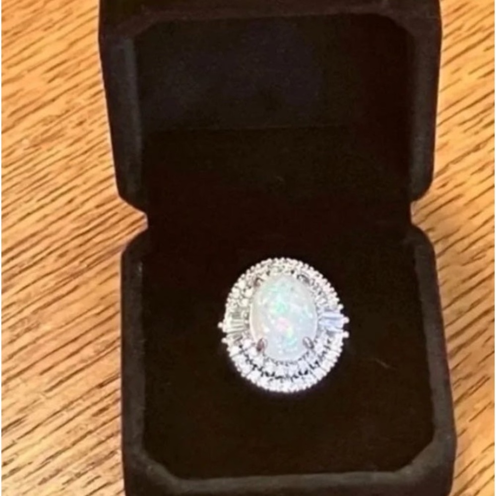 14K White Gold Ring Opal 5CT Halo Diamond Oval Baguette Wedding Engagement - Picture 11 of 11